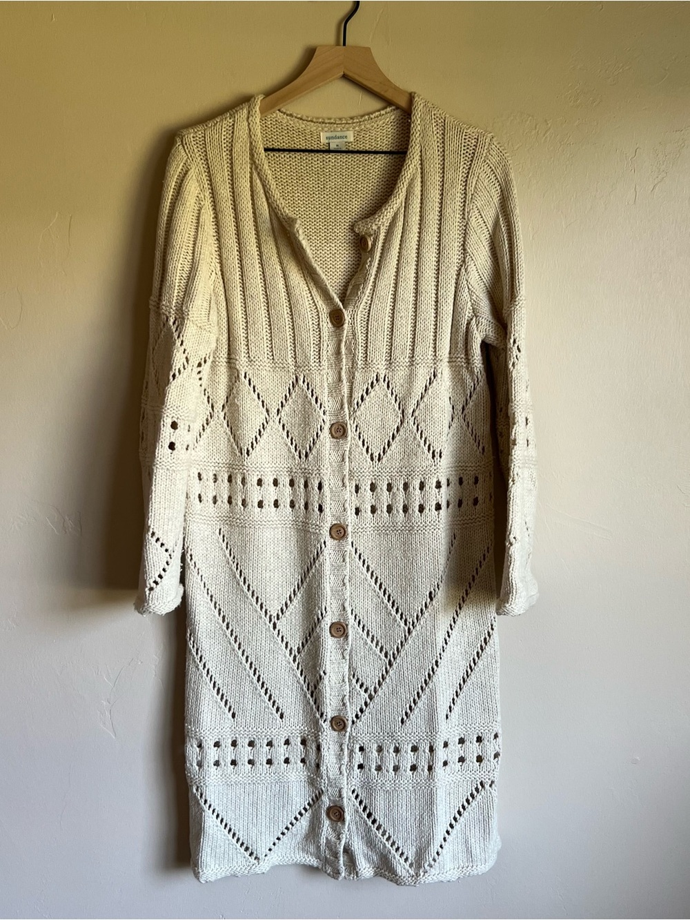 Sundance Silk Blend Cream Open-Knit Button-Front Long Cardigan Sweater